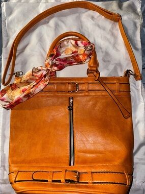 Women's Large Barrel Faux Leather Tote Orange w Floral Scarf Accent Adj Strap